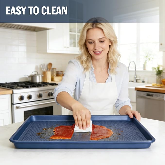 SAKER 3 Pack Nonstick Baking Sheet Set, Carbon Steel Cookie Pan with Cooling Rack, Even Heat Distribution & Warp-Resistant for Oven Baking, Roasting & Cooking (Blue)