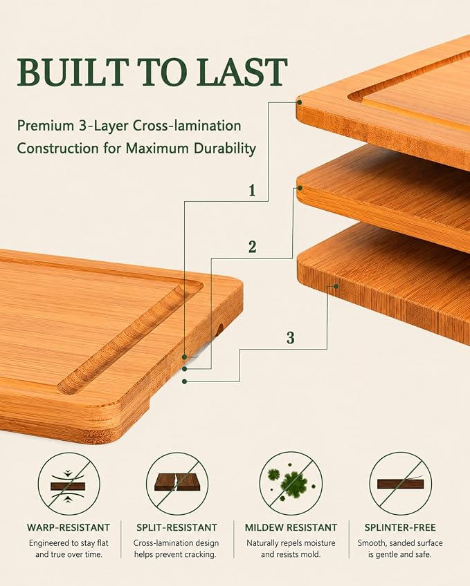 Cutting Boards for Kitchen, Wooden Chopping Board for Meat, Vegetables and Fruit, 18" x 12" XL Deep Carbonized Bamboo Board for Meal Prep, Serving, Daily Cooking and Kitchen Counter