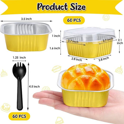 selizo 60 Pack 5oz Mini Disposable Cake Pans with Lids, Aluminum Foil Square Baking Cups, 3.5x3.5 Small Baking Cake Tins Cup Cake Containers with Lids for Individual Cakes