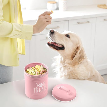 OUTNILI Pink Small Dog Treat Container Airtight - 6" Tall X 4.9" Round Pink Dog Treat Jar for Kitchen Counter - Rustic Treat Storage Canister for Dogs, Cats, Small Animals - Gifts for Pet Owners