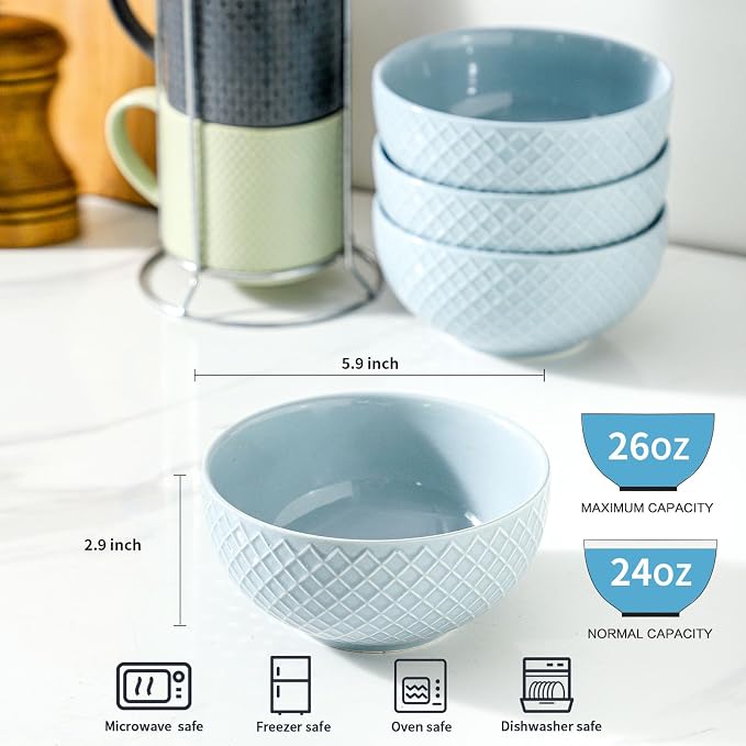 HASENSE Cereal Bowls Set of 4, 26 OZ Ceramic Soup Bowls, Stoneware Porcelain Cereal Bowls for Soup, Cereal, Oatmeal, Fruit, Salad, Embossed Pattern, Microwave & Dishwasher Safe, Blue