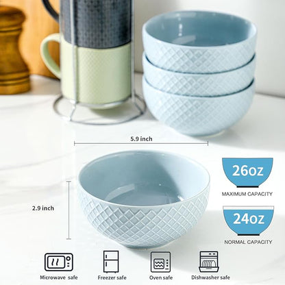 HASENSE Cereal Bowls Set of 4, 26 OZ Ceramic Soup Bowls, Stoneware Porcelain Cereal Bowls for Soup, Cereal, Oatmeal, Fruit, Salad, Embossed Pattern, Microwave & Dishwasher Safe, Blue
