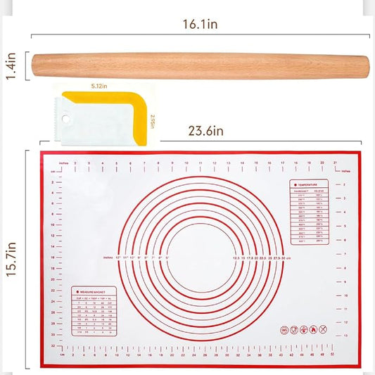 3-Piece Set French Wooden Rolling Pin and Silicone Baking Mat Set for Baking,Dough Roller for Cookie,Fondant,Pizza Pie Crust, Pastry,16 Inches (Beechwood +Red mat)