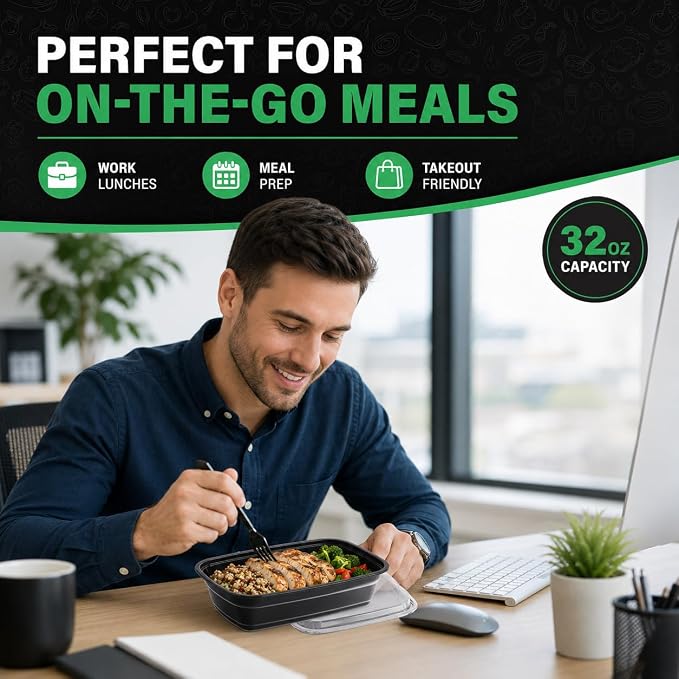 WUHUIXOZ Meal Prep Container, 50 Pack 32 oz Food Storage Containers with Lids, Disposable Bento Box Reusable Plastic Lunch Box, BPA Free Take-Out Box Microwave Dishwasher Freezer Safe