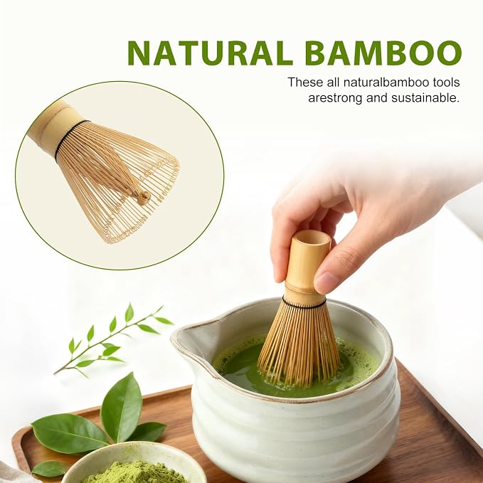 Soeos Matcha Powder, 2oz with 7-Piece Premium Matcha Starter Set - Includes Authentic Bamboo Whisk (Chasen), Ceramic Matcha Bowl (Chawan), Whisk Stand, Sifter, Scoop, and Scoop Rest