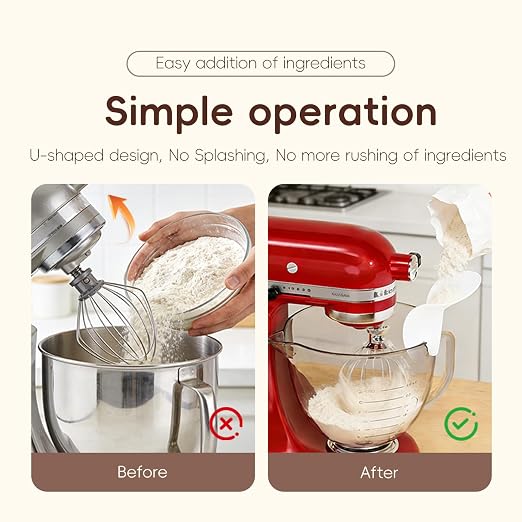 Flour Funnel for Kitchen Aid Mixer | Food-Grade Silicone Pouring Shield for KitchenAid Mixer | Hands-Free Clip-On Accessory for Baking, Fits All Standmixers, Space-Saving Design（White）