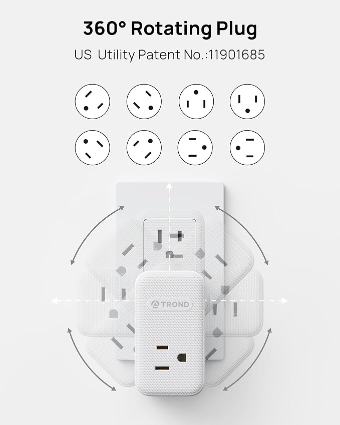 TROND Outlet Extender with 2 PD 20W USB C Charger, 3 AC Multi Plug Outlet Splitter with 360 Rotating Plug, USB Wall Socket Adapter, A Small Charging Station for Kitchen Bathroom Cruise Essentials