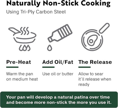 Tri Ply Carbon Steel 9.5" Frying Pan - Naturally Nonstick Nitrided Carbon Steel Pan Better than Cast Iron - Lightweight, Non Toxic Cookware, No Coatings - Induction Ready Skillet