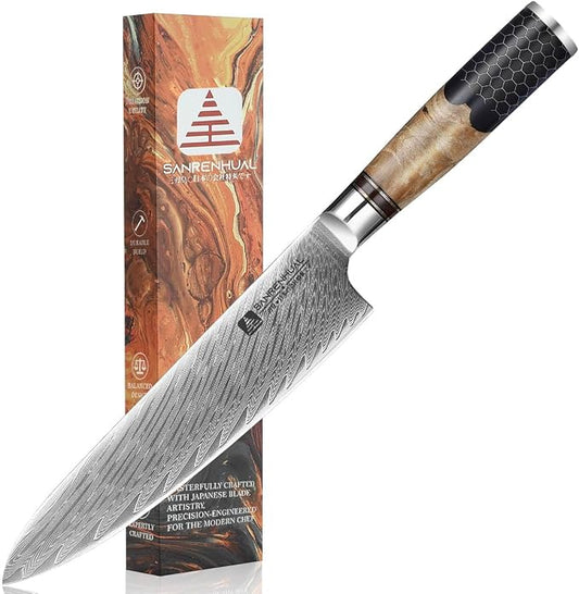8 inch Japanese Damascus Chef Knife, Damascus Chefs Knife Kitchen Knives for All-Around Food Preparation, Japanese Super Steel Sharp Chef's Knives, Professional Resin Handle Chef Knife