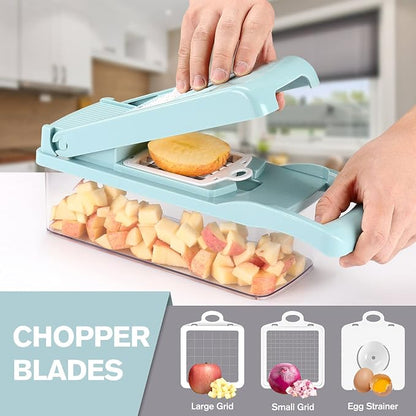 KEOUKE Vegetable Chopper Mandoline Slicer Blue - 12 in 1 Interchangeable Blades Food Chopper with Container, Hand Guard & Drainer, Veggie Dicer Kitchen Gadget for Onion, Cucumber, Tomato, Fruit