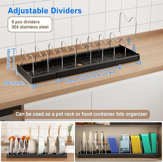 Mustorn 2 Pack Pots and Pans Organizer under Cabinet, 22" Expandable Food Storage Container Lid Organizer with 9 Adjustable Stainless Steel Dividers, ABS Base, Countertop Rack, Black