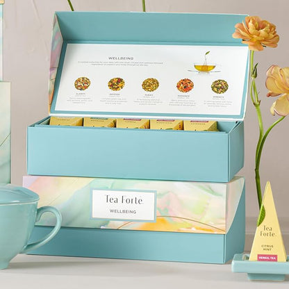 Tea Forte Premium Presentation Box Gift Set Sampler, 20 Count, Assorted Blends Individually Wrapped Handcrafted Pyramid Infuser Bags, Wellbeing