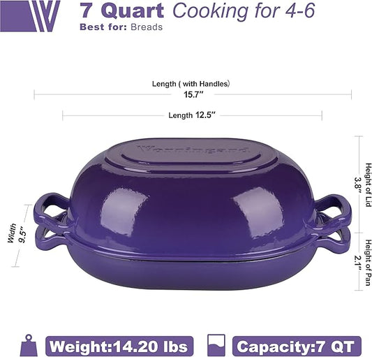 VORRINGARD Enameled Cast Iron Sourdough Bread Oven, Dutch Oven, Loaf Cast Iron Bread Pan for Homemade Bread Baking, Meatloaf Pan with Lid, 7QT, Purple