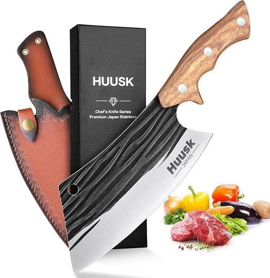 Huusk Butcher Knives for Meat Cutting, Hand Forged Meat Cleaver Knife Full Tang High Carbon Steel Chef Knives Heavy Duty Butcher Knife for Camping, BBQ, Gift for Men and Women