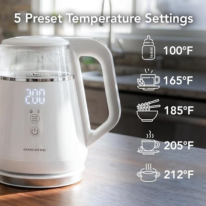 OVENTE 1L Small Electric Kettle with 5 Temperature Preset, Digital Display, 5Hr Keep Warm, Auto Shut-Off, Double-Wall Cool Touch Exterior, Borosilicate Glass,1500W BPA Free Water Boiler, White KD95W