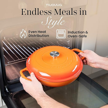 Shallow Cast Iron Casserole with Lid – Non Stick Dutch Oven Pot, Oven Safe up to 500° F – Sturdy Ovenproof Stockpot Cookware – Enamelled Cooking Pot – Orange, 3.7-Quart, 30cm – by Nuovva