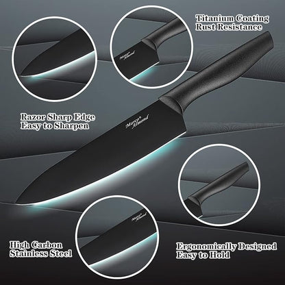 Kitchen Knife Set, KYA38 12-Piece Kitchen Knives Set with Covers, Marco Almond® 6 Knives with 6 Blade Guards, Stainless Steel Cooking Knives Set for Kitchen, Black