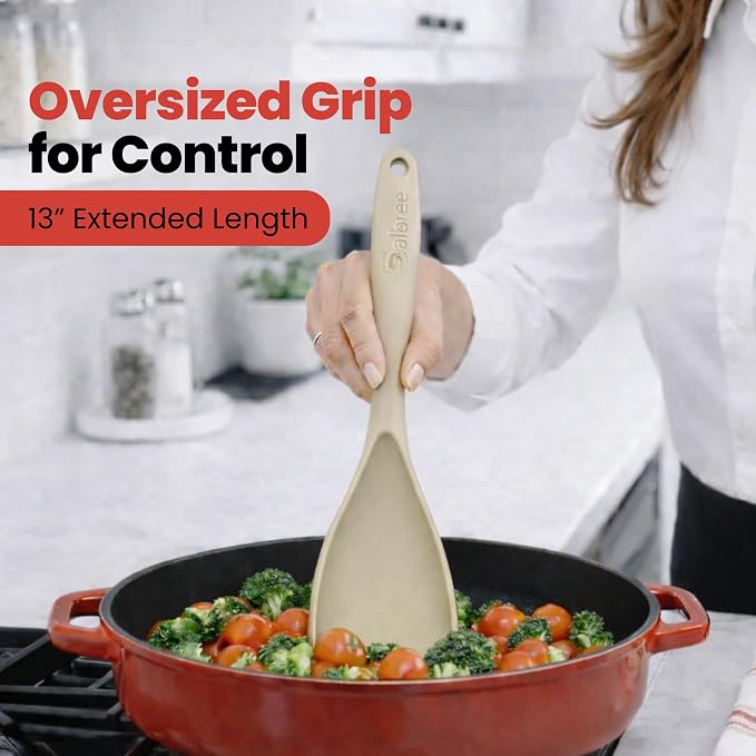 Silicone Spoon Spatula for Cooking - Multifunction Scoop Spatula Spoonula - Heat Resistant Cooking Spoon for Nonstick Cookware - Large Silicone Kitchen Spoon - Seamless Design (Khaki,1pc)