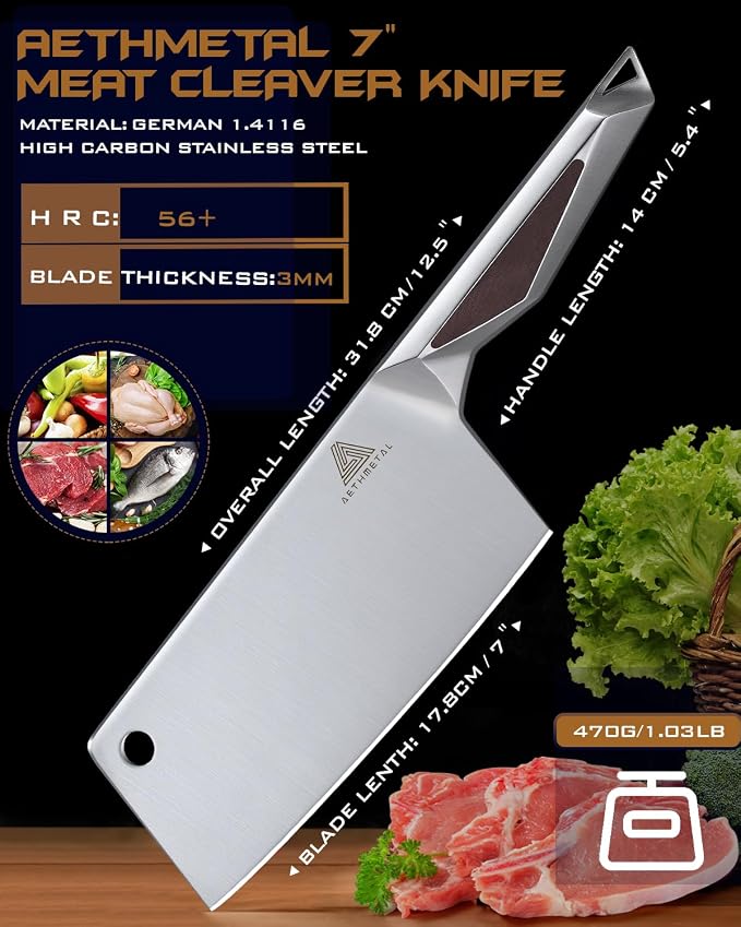 7" Meat Cleaver Knife, Full Tang High-Carbon Stainless Steel Kitchen Cleaver for Chopping Meat, Pork, and Bones, Ergonomic Metal Handle, Professional Chef Butcher Knife