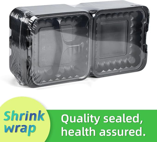 55-Pack 8x8 34oz Black To Go Containers – Shrink Wrapped No Pre-Wash | 3-Compartment Sanitary Sealed BPA-Free Heavy Duty Clamshell | Microwave Freezer Safe, Leak-Proof Meal Prep & Leftover Boxes