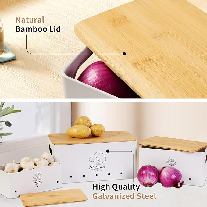 3 Pack Metal Vegetable Storage,Potato Onion Garlic Storage Set,Kitchen Canisters Vegetable Keeper,Stackable Pantry Organizers with Ventilation Holes and Bamboo Lids(WHITE)
