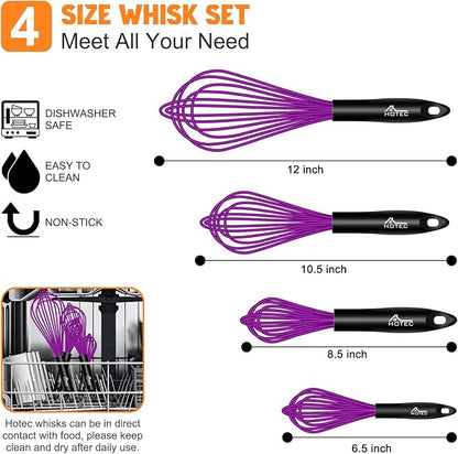 HOTEC 4 Pieces Silicone Whisks Set, Wire Balloon Whisks for cooking Egg Beater, Non-slip Handle Whisk for Non-stick Cookware Perfect for Cooking, Stirring, Beating and Blending,Purple