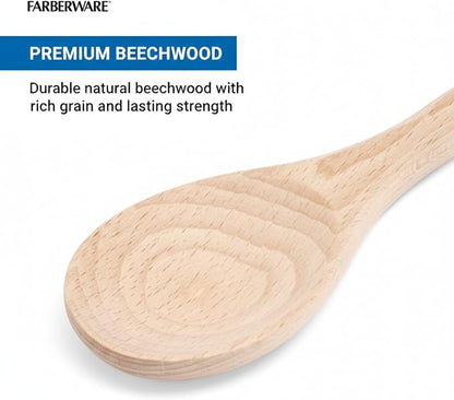 Farberware Professional Beechwood Wooden Spoon for Cooking - Durable Natural Wood Kitchen Utensil, Safe for Nonstick Cookware, Perfect for Stirring and Basting, Hand Wash Only