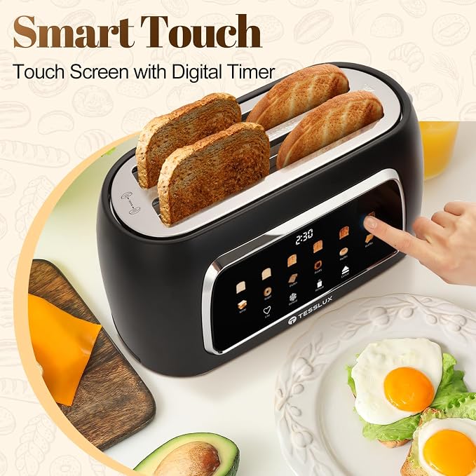 Tesslux 4 Slice Toaster with Touch Screen Control, 1.5" Wide Long Slots, 6 Browning Levels & 6 Bread Types, Digital Timer, Memory, Defrost, Reheat (Black, 4 Slice)