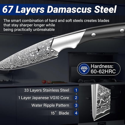 Golden Bird Damascus Paring Knife, 4 Inch VG-10 Damascus Steel Fruit Knife, Small Kitchen Knives for Precision Cutting, Japanese Peeling Knives with Wooden Handle,Gifts for Men Women
