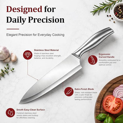 Chef Knife,7.2" Professional Kitchen Knife for Cooking,Made of Stainless Steel,Ultra Sharp for Cutting food,with Ergonomic Handle,for Home & Restaurant Silver