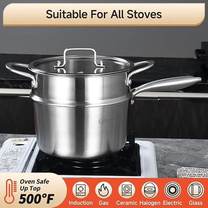 LOLYKITCH 3 Quart Stainless Steel Saucepan with Steamer & Glass Lid, Tri-Ply Whole-Clad Steaming Pot for Cooking, Induction Steamer Sauce Pot for Tamales Seafood Vegetables Dumplings, Thick