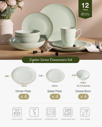 Famiware Jupiter 12-Piece Stoneware Dinnerware Set, Handcrafted Plates and Bowls with Speckles & Embossed Swirls, Chip/Scratch Resistant, Microwave/Dishwasher Safe, Modern Dishes, Service for 4, Green