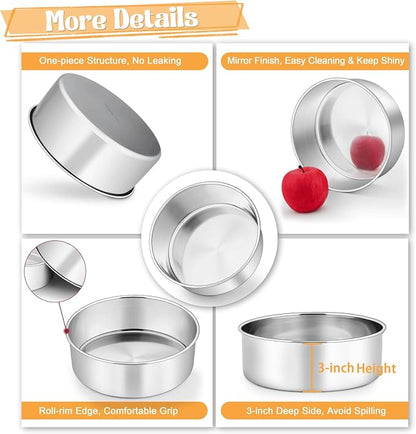 P&P CHEF 6 + 8 + 9.5 Inch Cake Pans Set, Round Baking Pan Stainless Steel Layer Birthday Wedding Cake Oven Pans, Non Toxic & Heavy Duty, Deep Side & Mirror Finish, Dishwasher Safe, (3Pcs)