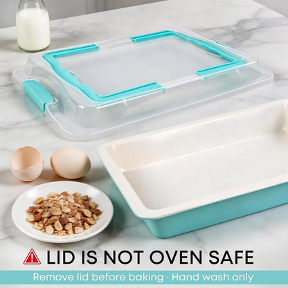 Sheet Cake Pan with Lid Set of 2, 15"×10"×2" Deep Jelly Roll Pan, Non-Stick Ceramic Coating Baking Pan, Oven Safe 450°F, PFOA Free, Teal — Bake, Snap & Carry for Parties & Potlucks
