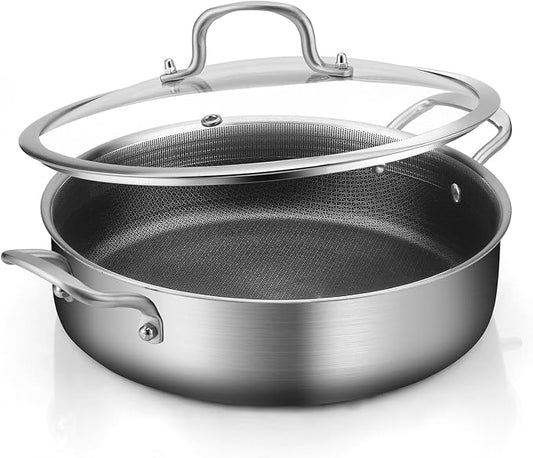 Yeksum 8-Quart Tri-Ply 18/10 Stainless Steel Saute Pan 13-Inch Nonstick Skillet with Lid, Even Heat, Induction Ready, Dishwasher & Oven Safe