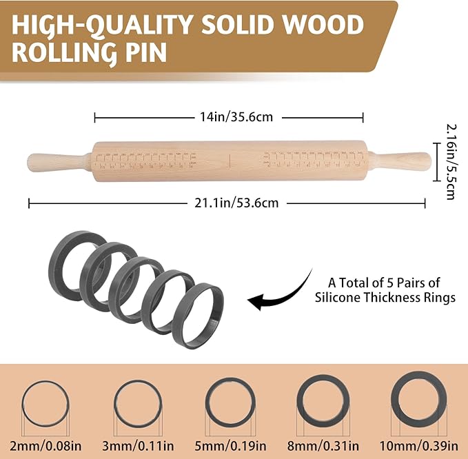 Long Adjustable Wood Rolling Pin: 21.1 Inch Rolling Pin with Thickness Rings and Measurement - Wooden Dough Roller for Baking Pastry Pizza Pie Crust Tortillas Cookie Bread - Bakers Baking Lovers