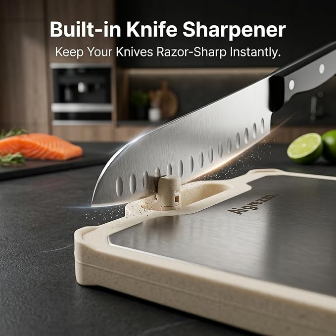 Titanium Cutting Board, 16x11x0.9 inch Non-Slip Chopping Board with Knife Sharpener, Dual-Sided Titanium & Wheat Straw PP, Anti-Spill Edge, Dishwasher Safe，Rectangular