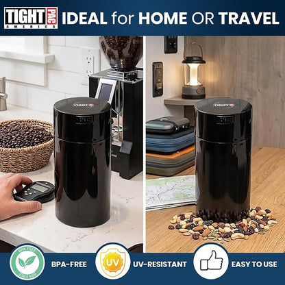 Tightvac 3 to 12 Ounces Airtight Smell Proof Container - Patented Vacuum Seal, Storage for Coffee, Herbs, Tea, Spices, Dry Goods - Odor Resistant Vacuum Jar, Black