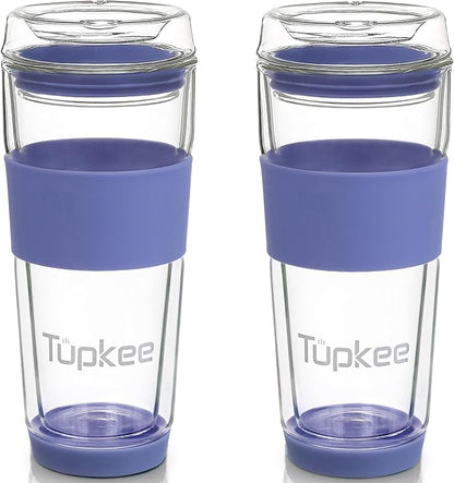 Double Wall All Glass Tumbler - 14-Ounce, Reusable Insulated Tea/Coffee Mug & Lid, Hand Blown Glass Travel Mug - Jacaranda - 2 Pack