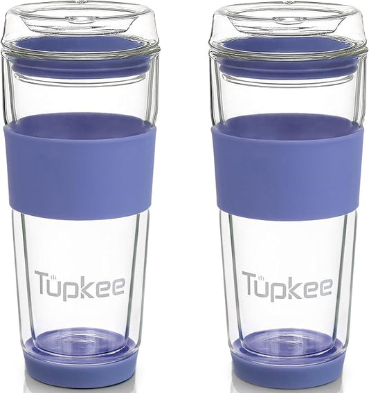 Double Wall All Glass Tumbler - 14-Ounce, Reusable Insulated Tea/Coffee Mug & Lid, Hand Blown Glass Travel Mug - Jacaranda - 2 Pack