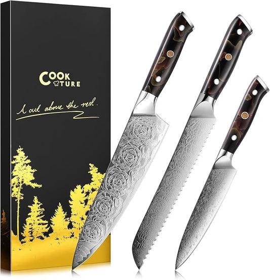 Damascus Kitchen Knife Set，3PCS Japanese Knife,High Carbon Steel Core, Ergonomic Resin Handle,Holiday Gifts,New Home Essentials, Apartment Essentials, Dishwasher Safe