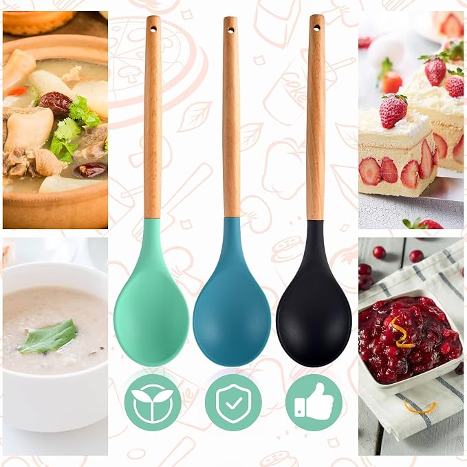 3 Pcs Large Silicone Wooden Handle Mixing Spoons - Nonstick Heat-Resistant Kitchen Mixing Tools (Green, Blue, Black)