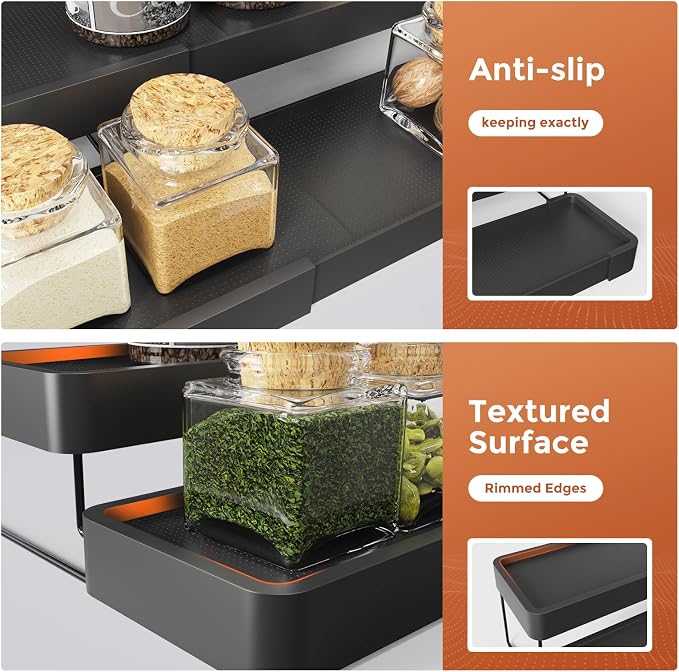 Expandable Spice Rack Organizer - 3 Tier Adjustable Spice Organizer for Cabinet & Countertop - Easy Visibility - Black