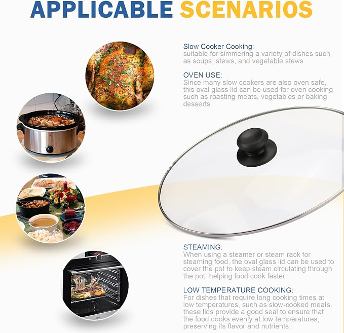 Oval Glass Crock Pot Lid 6 Quart Replacement for Hamilton Beach Slow Cooker 6 qt, Hamilton Beach Programmable Slow Cooker Replacement Parts Compatible with Hamilton Beachs Crock Pot 33665G, 1