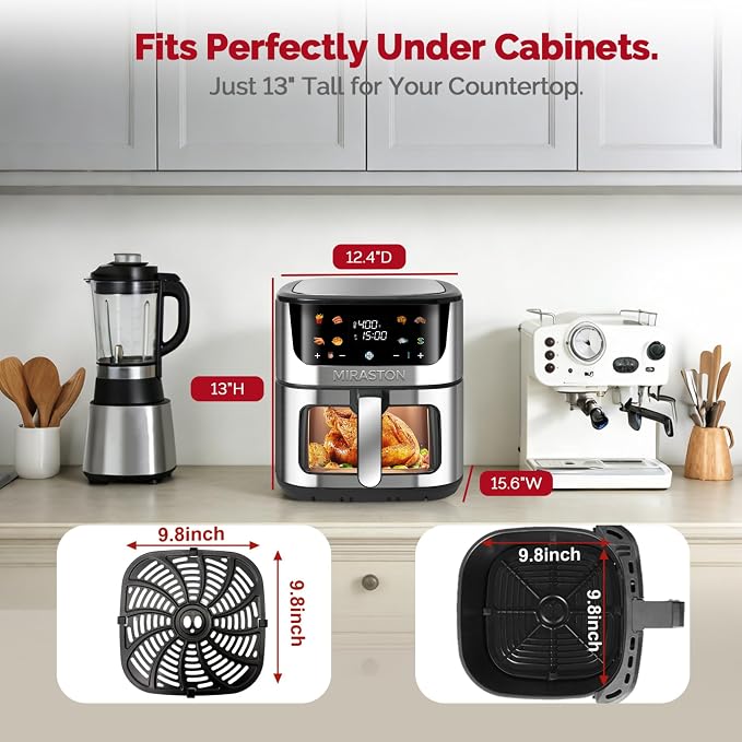 New 8.5QT Air Fryer with Color Touchscreen and 8 Presets, Large Family Size Airfryer with Visual Window for Fast Healthy Cooking, Reheat, Dishwasher Safe, Gift Box Included, Stainless Steel