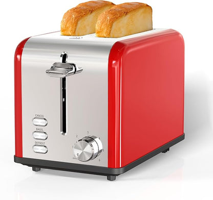 Simple Deluxe 2-Slice Toaster, 6 Browning Setting and 3 Function, Extra Wide Slot & Removable Crumb Tray, for Bread & Waffle, Red