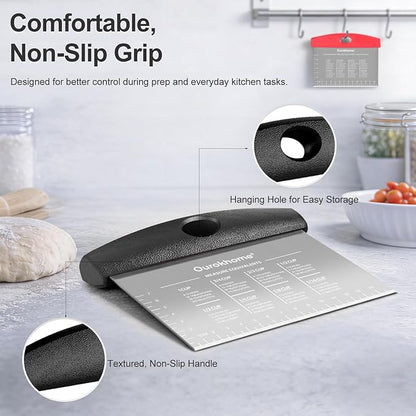 Ourokhome 2 Pack Bench Scraper Dough Cutter, Stainless Steel Dough Scraper with Laser-Etched Scale, Conversion Chart, Non-Slip Handle, Dishwasher Safe for Bread & Pastry, Black and Red