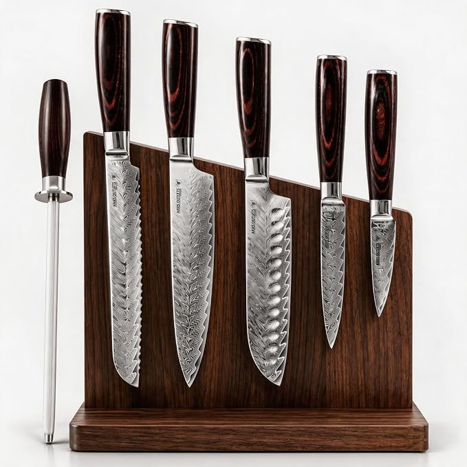 6 Piece Japanese Damascus Knife Set, Professional Chef Knife Set with VG10 Steel Core, Ultra Sharp 67-Layer Kitchen Knives, Pakkawood Handle Gift Box
