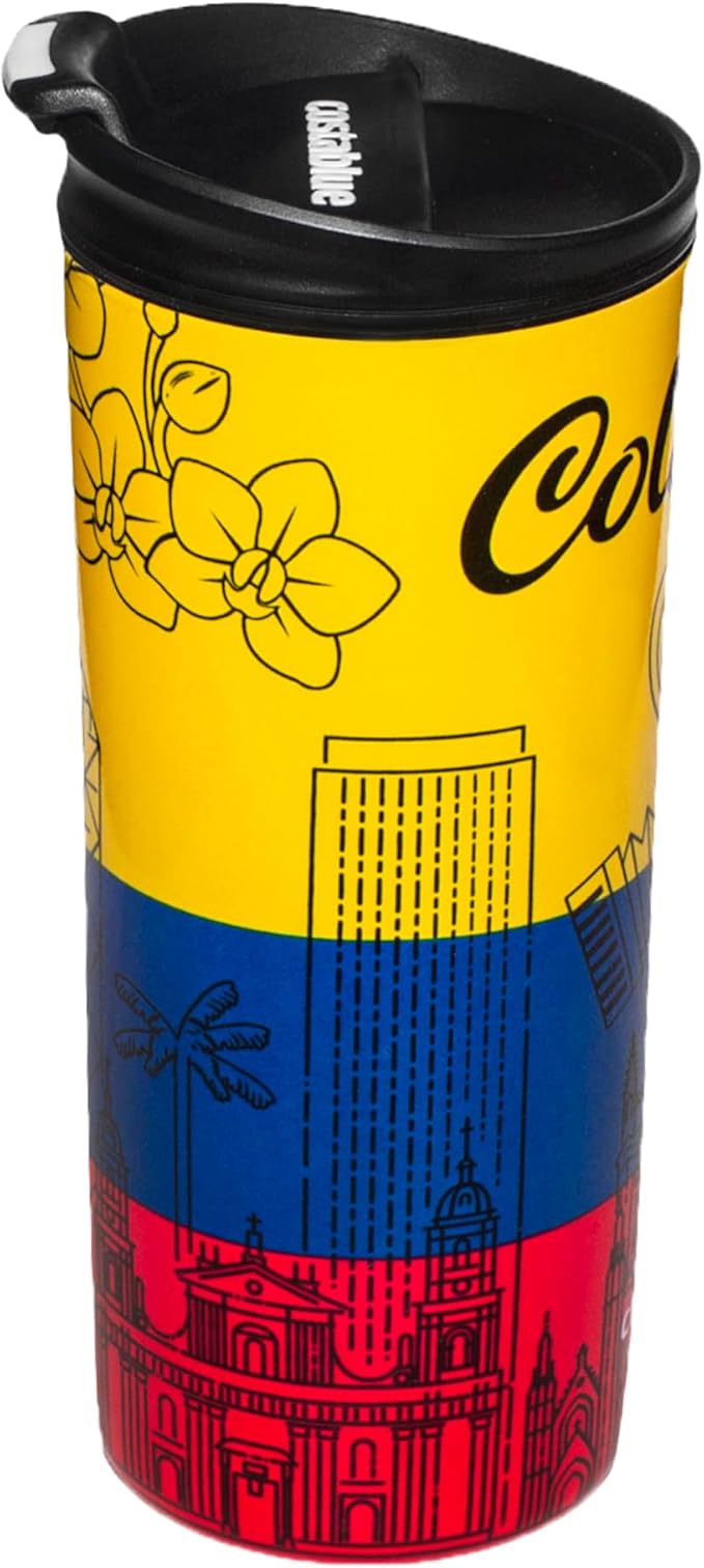 Colombia Vacuum Insulated Stainless Steel Thermal Travel Mug, 16 oz, Easy Clean, Flip leak Proof Lid Colombian Flag with Icons from Colombia…