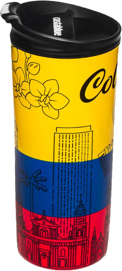 Colombia Vacuum Insulated Stainless Steel Thermal Travel Mug, 16 oz, Easy Clean, Flip leak Proof Lid Colombian Flag with Icons from Colombia…